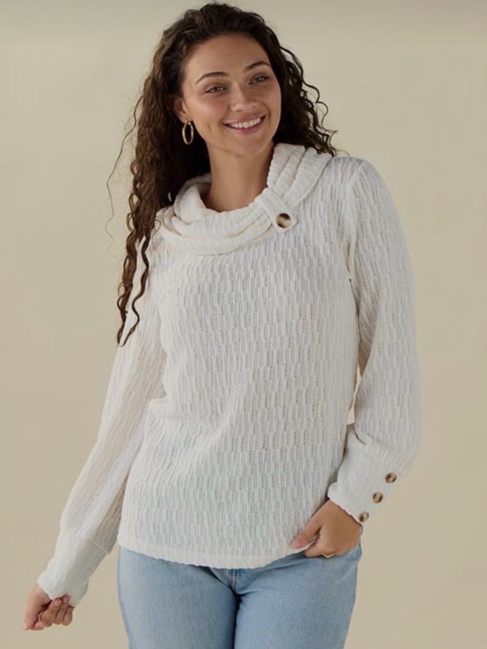Cream Cowl Neck Sweater with Button Accents
